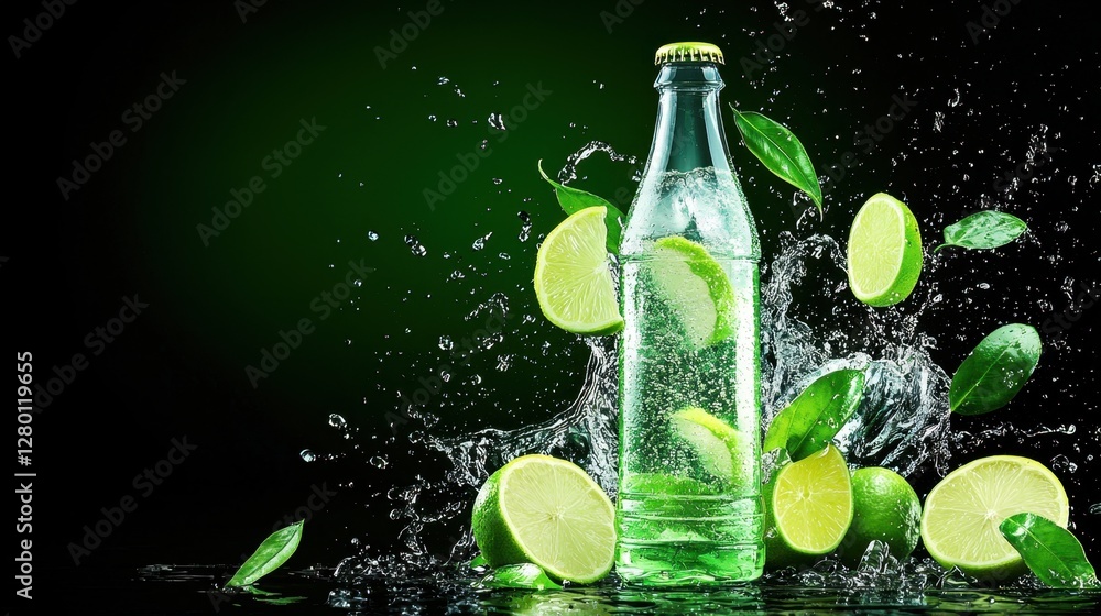 Poster refreshing sparkling beverage surrounded by lime slices with splashing water and bright green backgr