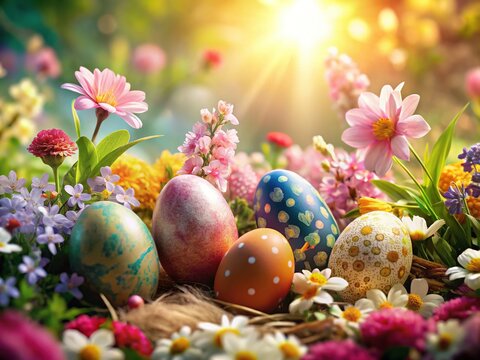Colorful Easter Eggs, Spring Flowers, Festive Holiday Decoration
