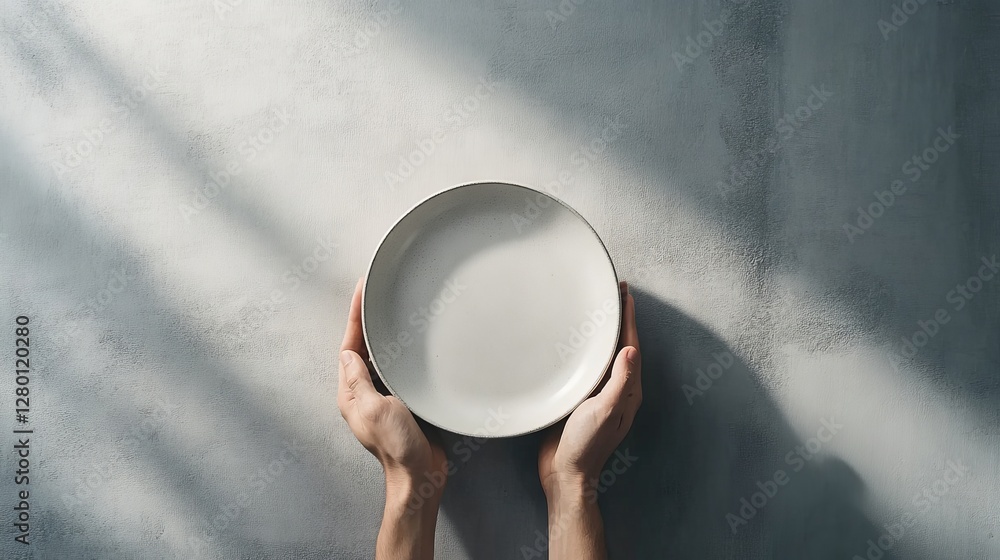 Poster hands holding empty round plate on simple gray background