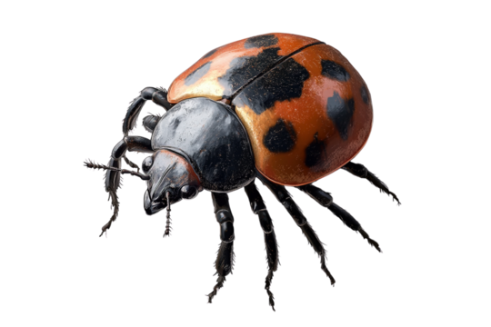 A small red ladybug with black spots isolated on a white background