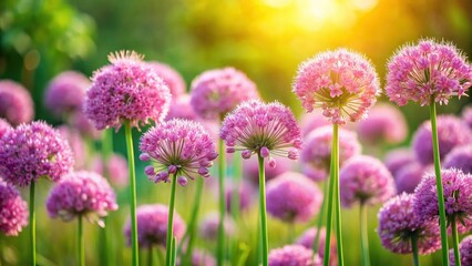 Fototapeta premium Delicate Pink Allium Roseum Flowers Blooming in Spring Meadow