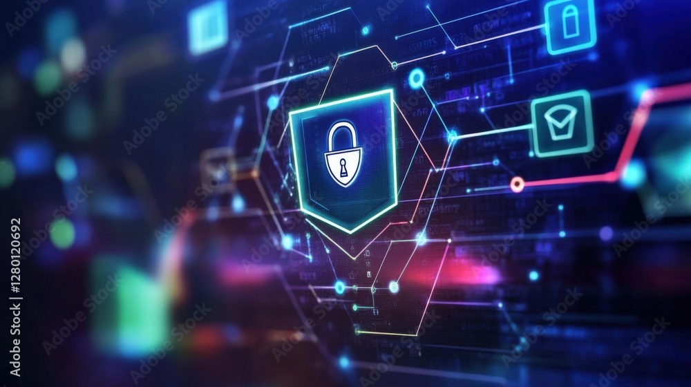 Poster cybersecurity action protecting digital assets virtual space infographic technology environment data