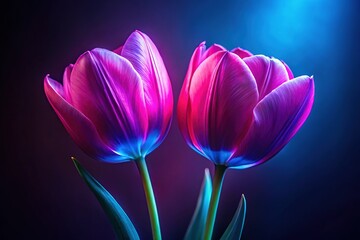 Double Pink Tulips Neon Blue Light Purple Background Stock Photo