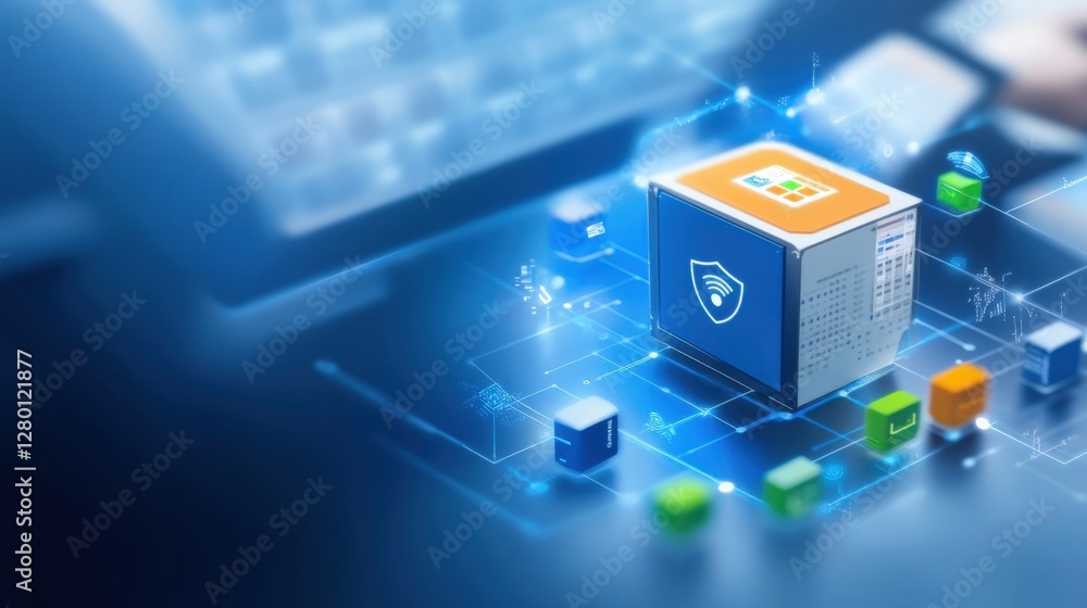 Poster digital security solutions technology cybersecurity innovations virtual environment close-up view da