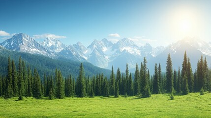 Majestic mountains peak covered in snow under the clear blue sky with green meadow and vibrant tree line landscape view concept