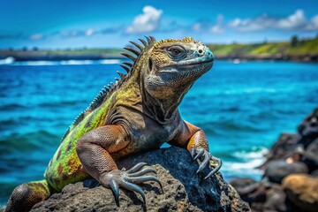 Fototapeta premium Galapagos Marine Iguana Sunbathing on Volcanic Rocks