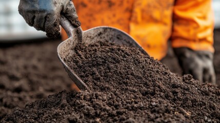 Fototapeta premium Worker Shoveling Rich Dark Soil into a Garden Bed for Planting