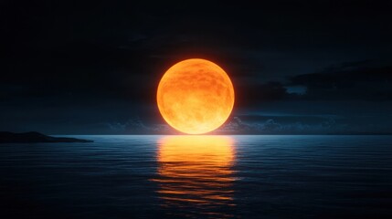 Glowing Orange Moon Rising Over Calm Water at Dusk, Illuminating Serene Landscape with Gentle Waves and Rich Colors in a Dreamlike Sky