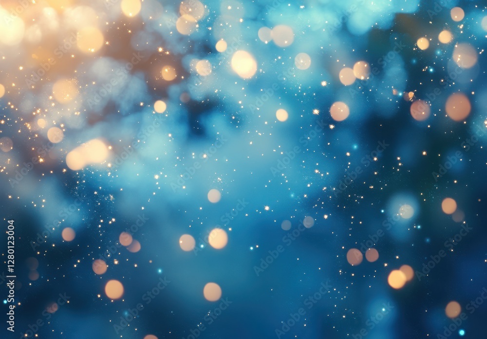 Poster beautiful bokeh background with soft blue and warm yellow light orbs creating a dreamy and festive a