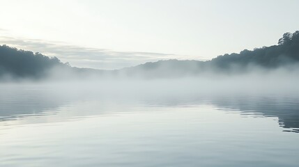Serene and foggy lake landscape reflecting the cloudy sky and nature