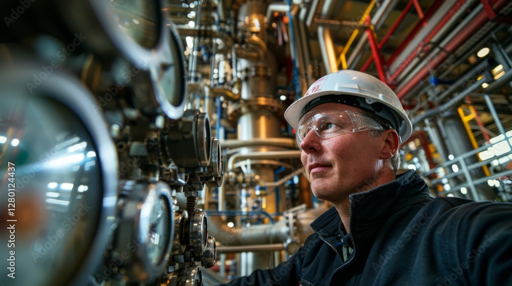 Poster an engineer inspects precise instruments in an industrial plant, focusing on equipment monitoring wh