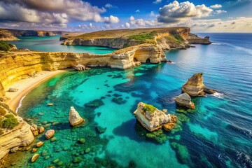 Obraz premium Malta Aerial: Golden Beach & Turquoise Sea Rock Formations - Mediterranean Paradise