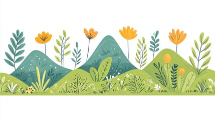 Cute whimsical landscape illustration with mountains flora and fauna nature scenery in playful style for kids backgrounds projects