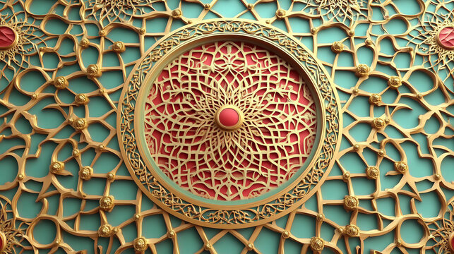 exquisite gold and teal ornate ceiling detail showcasing islamic geometric patterns and arabesque art in traditional islamic architecture with intricate mughal and persian inspired designs - Powered by Adobe