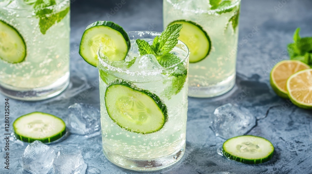 Aufkleber refreshing cucumber drink with mint and lime slices in glasses on a gray background surrounded by ic