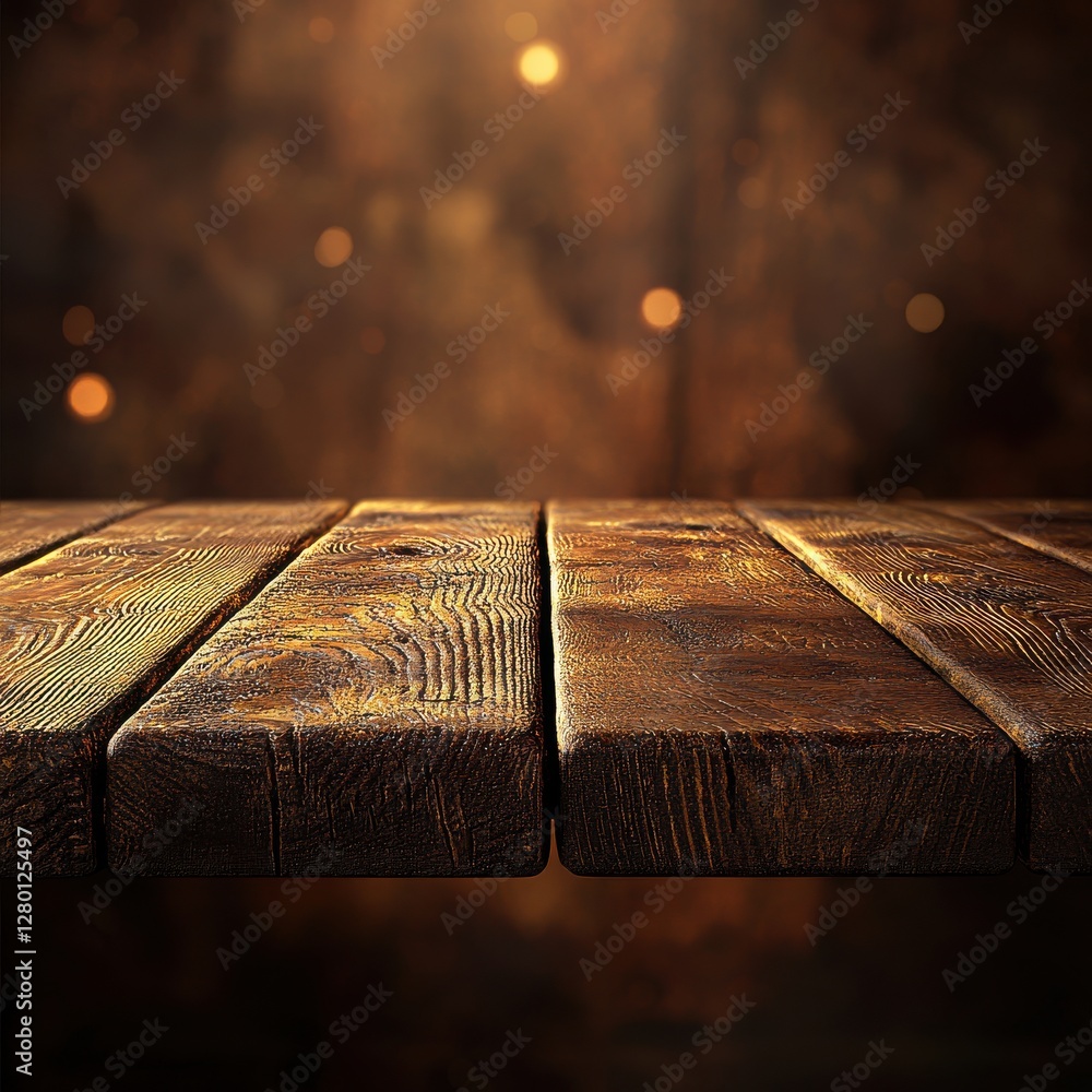 Poster beautiful wooden table surface with warm lighting and subtle bokeh effect creating an inviting atmos