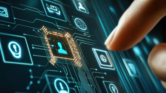 User interaction with digital interface modern technology graphic design corporate environment close-up view data management concepts