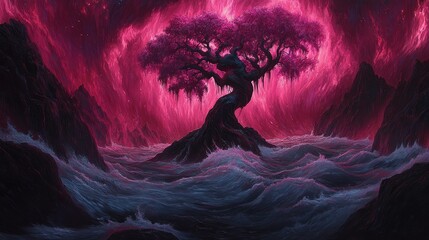 Mystical arbor vitae amidst stormy waters surreal magenta aura enchanting nature backdrop ethereal fantasy landscape scenic vista