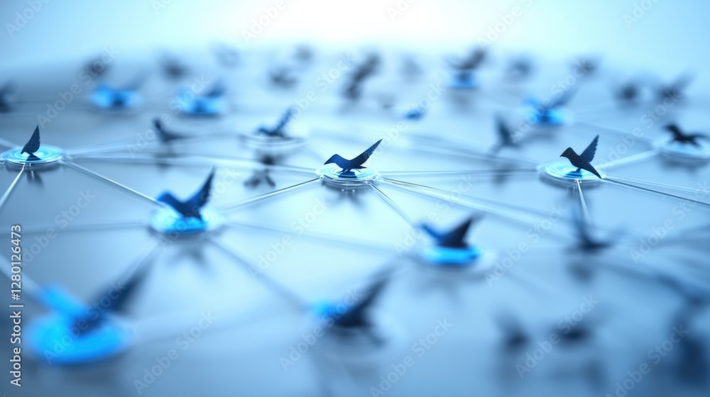 Aufkleber dynamic digital network of birds connecting in a blue environment technology concept abstract viewpo