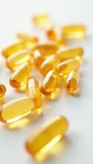 Lecithin capsules on white surface scattered randomly, nutrition, lecithin