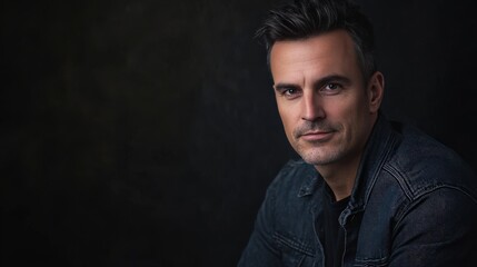 Obraz premium Stylish Portrait of a Confident Man in a Denim Jacket Against a Dark Background
