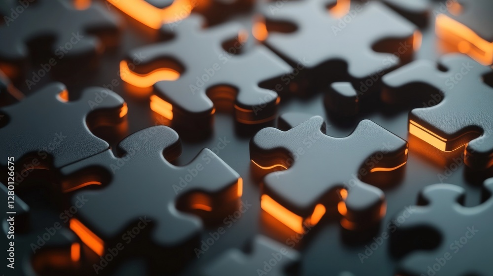 Poster close-up of interlocking puzzle pieces with glowing edges on a dark surface, symbolizing connection