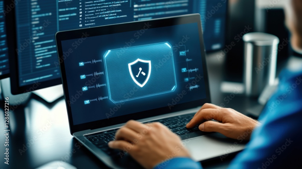 Poster enhancing cybersecurity measures remote workspace digital security tech environment close-up view da