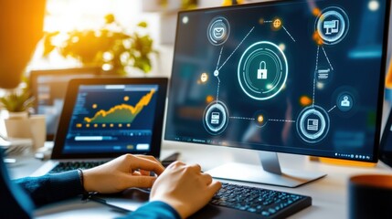 Cybersecurity measures office space digital interaction modern workplace close-up perspective data protection strategies