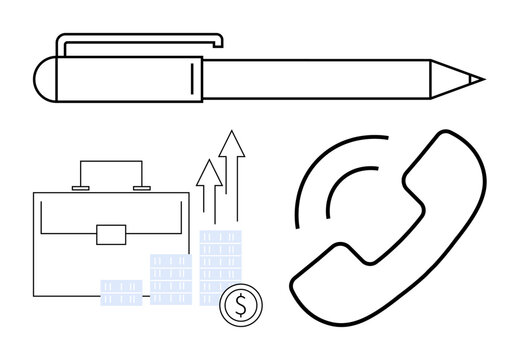 Pen, briefcase, bar graph with arrows, coin, and phone receiver. Ideal for business communication, corporate growth, entrepreneurship, startup planning financial advice productivity tips office