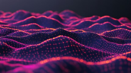 A vibrant digital landscape of flowing lines and dots in purple and pink hues, resembling waves in a high-tech environment.