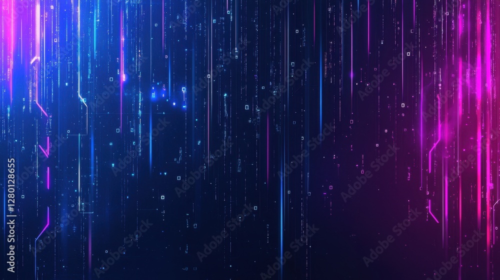 Poster abstract digital background featuring vibrant neon lines and glowing particles, creating a futuristi