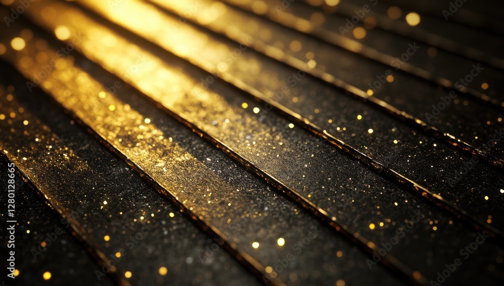Poster captivating close-up of golden particles on dark textured surface with shimmering light reflections 