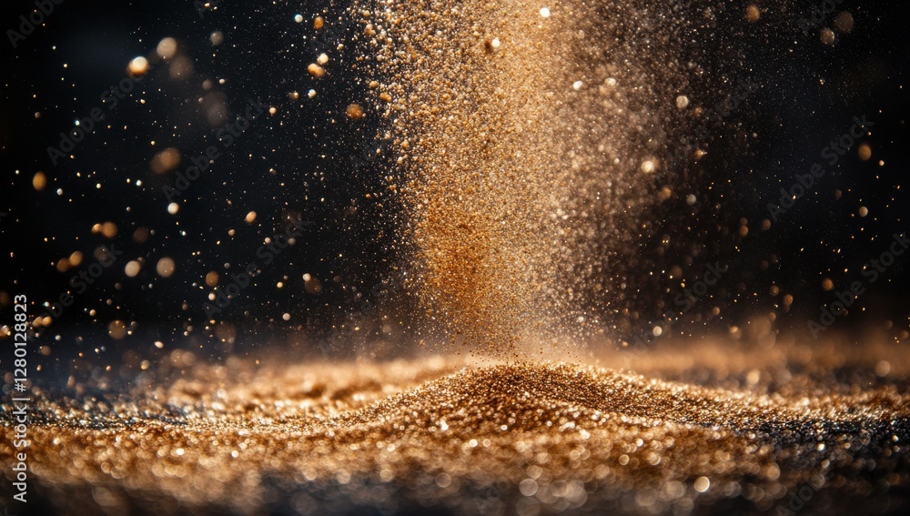 Aufkleber Captivating close-up of golden dust particles suspended in air, creating a mesmerizing visual effect against a dark background