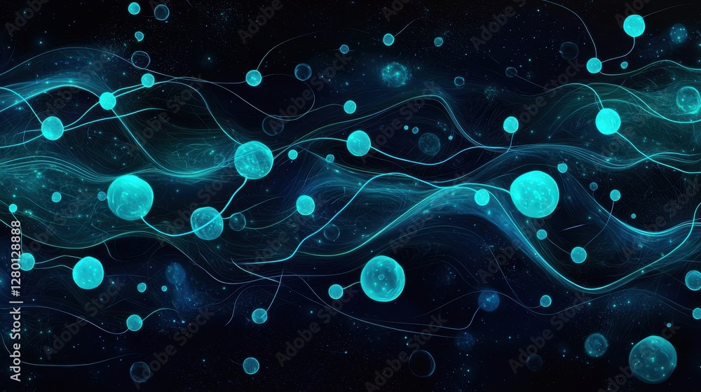 Poster abstract blue particle waves in dark space with glowing spheres and flowing lines for modern design 
