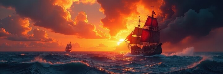 Obraz premium Ancient galleon battles raging storm, fiery sunset , light, rough, waves