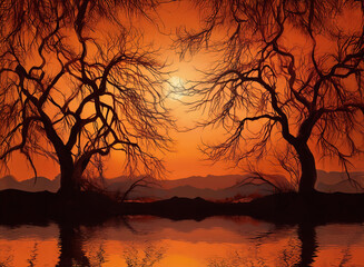 Naklejka premium Silhouetted trees stand against a vibrant orange sky, reflected in still water. The background is a gradient sunset creating a warm, peaceful scene.