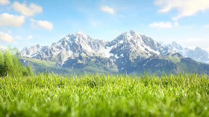Fototapeta premium Mountain range backdrop, green grass foreground. Spring nature scene. Use travel brochure