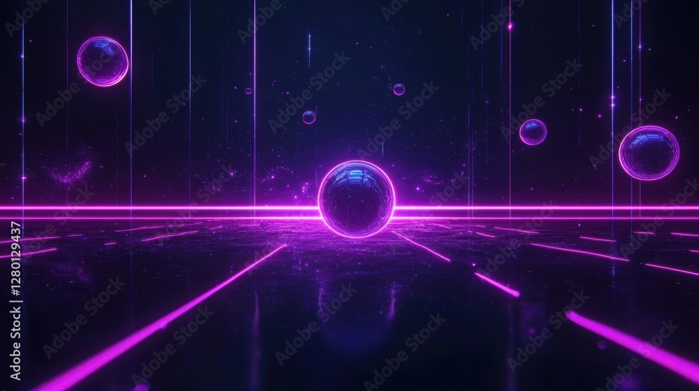 Poster futuristic abstract visualization of spheres with neon lights in a dark environment, digital art con