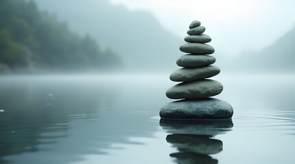Obraz premium Zen Stone Stack on a Rocky Lakeshore with Majestic Mountains – Peace and Serenity