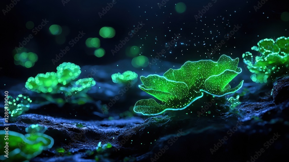 Poster luminous green algae in a dark underwater environment with enchanting glowing particles and ethereal