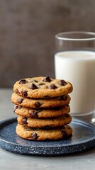 Chocolate chip cookies and a glass of milk on a light background