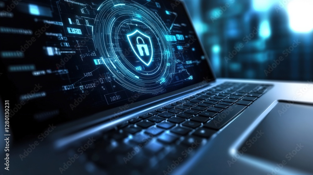 Poster cybersecurity measures protecting data digital workspace infographic technology hub close-up view in