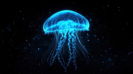 Ethereal Bioluminescent Jellyfish Floating Gracefully in Dark Ocean Depths with Glowing Blue Light and Sparkling Particles Surrounding It