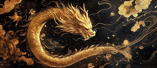 Golden Dragon Soaring, Ink Background, Asian Art, Mythical Creature