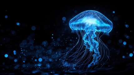 Ethereal Blue Jellyfish Glows in Dark Ocean Waters Surrounded by Sparkling Lights and Artistic Bokeh, Captivating Underwater Scene