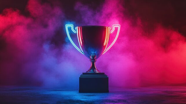 neon outlined trophy reflecting the pink and blue smoke filled background victory achievement
