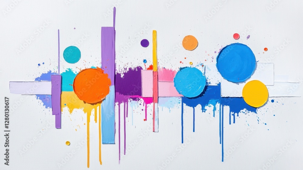 Poster vibrant abstract artwork with colorful circles and geometric shapes, expressive drips, and bright po