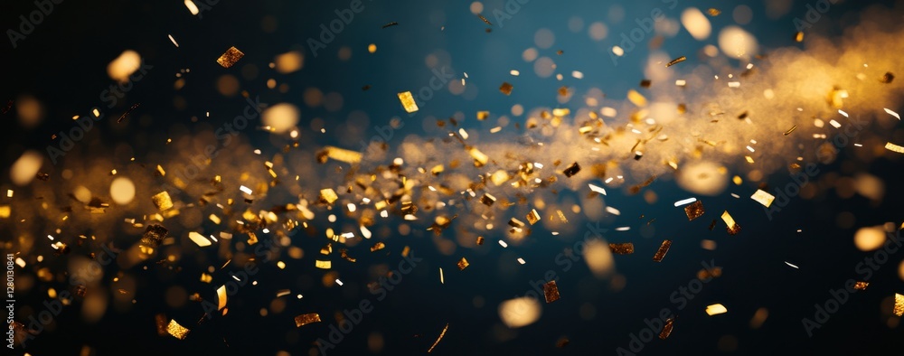 Poster captivating scene of golden glittering particles dancing in the air against a dark background with s