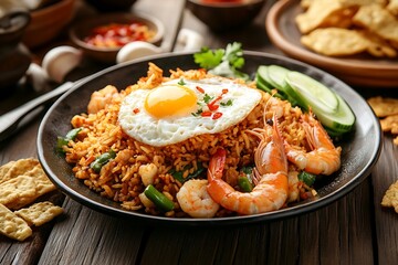 fried rice with shrimps and egg on a dark wood background