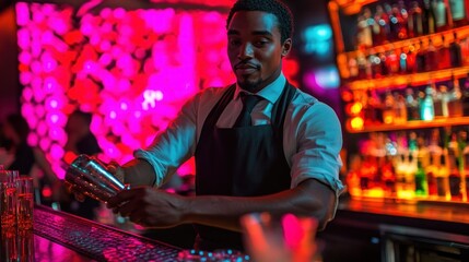 professional african bartender expertly crafting vibrant cocktails in a neon lit upscale night club